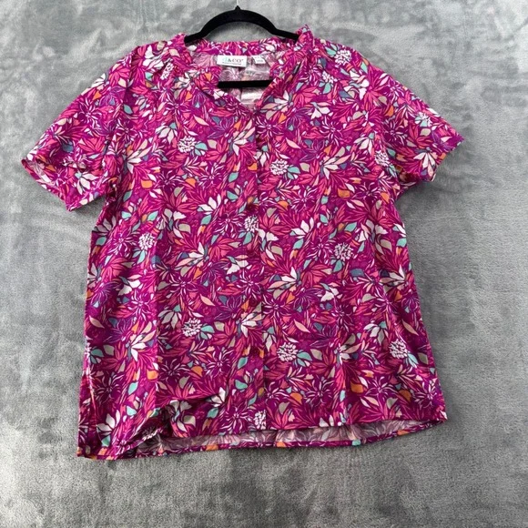 NWOT Denim & Company Magenta Floral Ruffle Button Front Blouse XS Short Sleeve - Picture 2 of 7